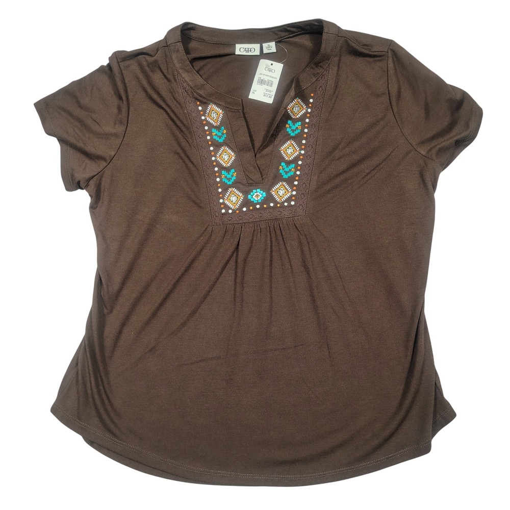 Cato Top Women XL Embroidered Split Neck Short Sleeve Brown New